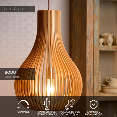 Lucide BODO - Suspension - Ø 38 cm - 1xE27 - Bois clair